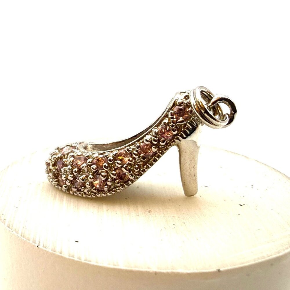 Pavé High Heel Shoe Charm Pendant Pink Stone Silver Tone Fashion